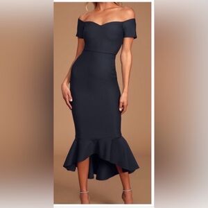 Lulu's Navy Off-Shoulder Ruffle-Hem Midi Dress